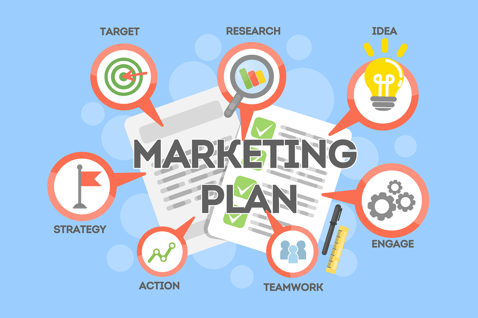 Marketing plan concept. Searching and targeting, planning and earning.